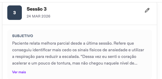 Tela do Therasin: registro estruturado da Sessão 3 no prontuário — bloco Subjetivo com o relato do paciente organizado por sessão