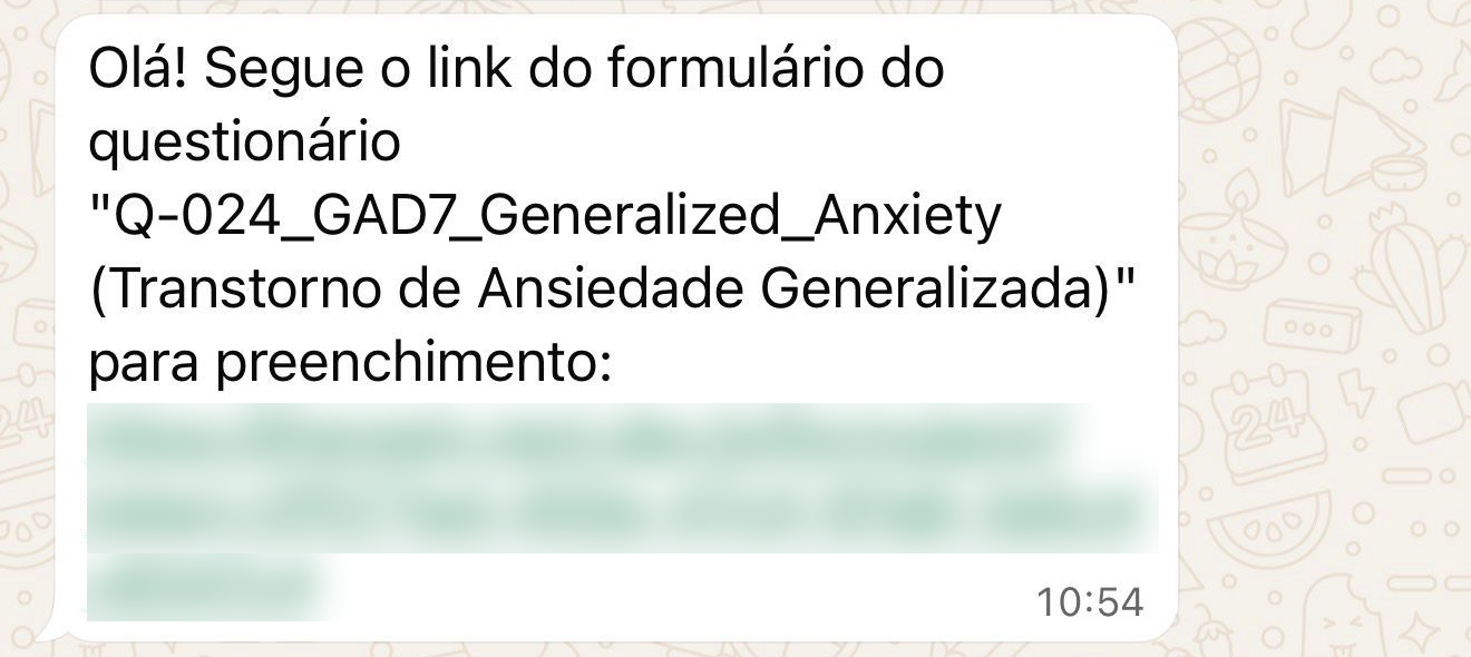 Mensagem de WhatsApp enviada pelo Therasin: o link do questionário GAD-7 (Transtorno de Ansiedade Generalizada) encaminhado ao paciente para preenchimento